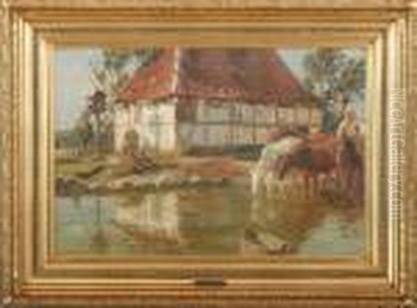 Landscape With Horses At A Small Pond Oil Painting by Carl Budtz-Moller