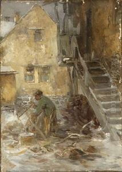 Holzarbeiter Im Hof Eines
 Bauernhauses. Oil Painting by Anton Burger