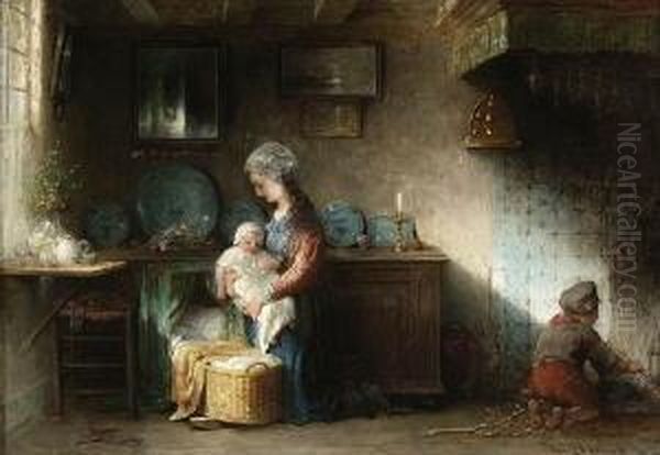 Junge Mutter Mit Ihren Kindern In
 Der Stube. Oil Painting by Hendricus-Jacobus Burgers