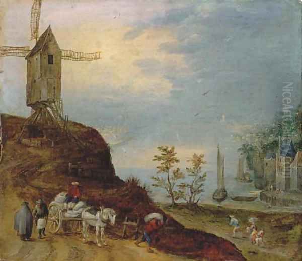 An extensive river landscape with a windmill and travellers on a path Oil Painting by Jan The Elder Brueghel