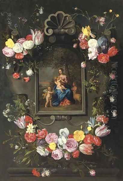 The Madonna and Child with Saint John the Baptist and an angel surrounded by a garland of mixed flowers Oil Painting by Jan The Elder Brueghel