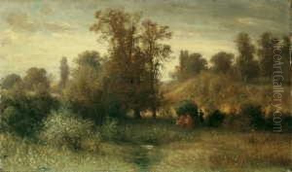 Baumbestandene Landschaft Mit 
Heuwagen In Der Umgebung Von Frankfurt/main. Ol Auf Leinwand. H 37; B 63
 Cm. Provenienz: Galerie F.a.c. Prestel, Frankfurt/main. Oil Painting by Karl Peter Burnitz