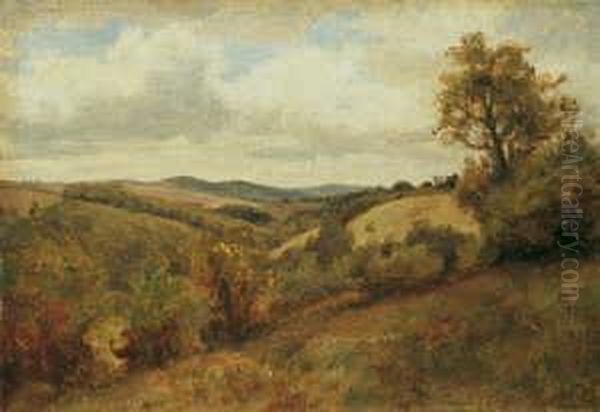 Hugellandschaft. Ol Auf Karton. H
 25; B 34,5 Cm. Verso Zwei Echtheitsbestatigungen Durch Die Tochter Des 
Kunstlers Sowie Durch Die Galerie J.p. Schneider, Frankfurt/main. Es 
Handelt Sich Um Ein Charakteristisches Beispiel Der Am Vorbild Der Maler
  Oil Painting by Karl Peter Burnitz