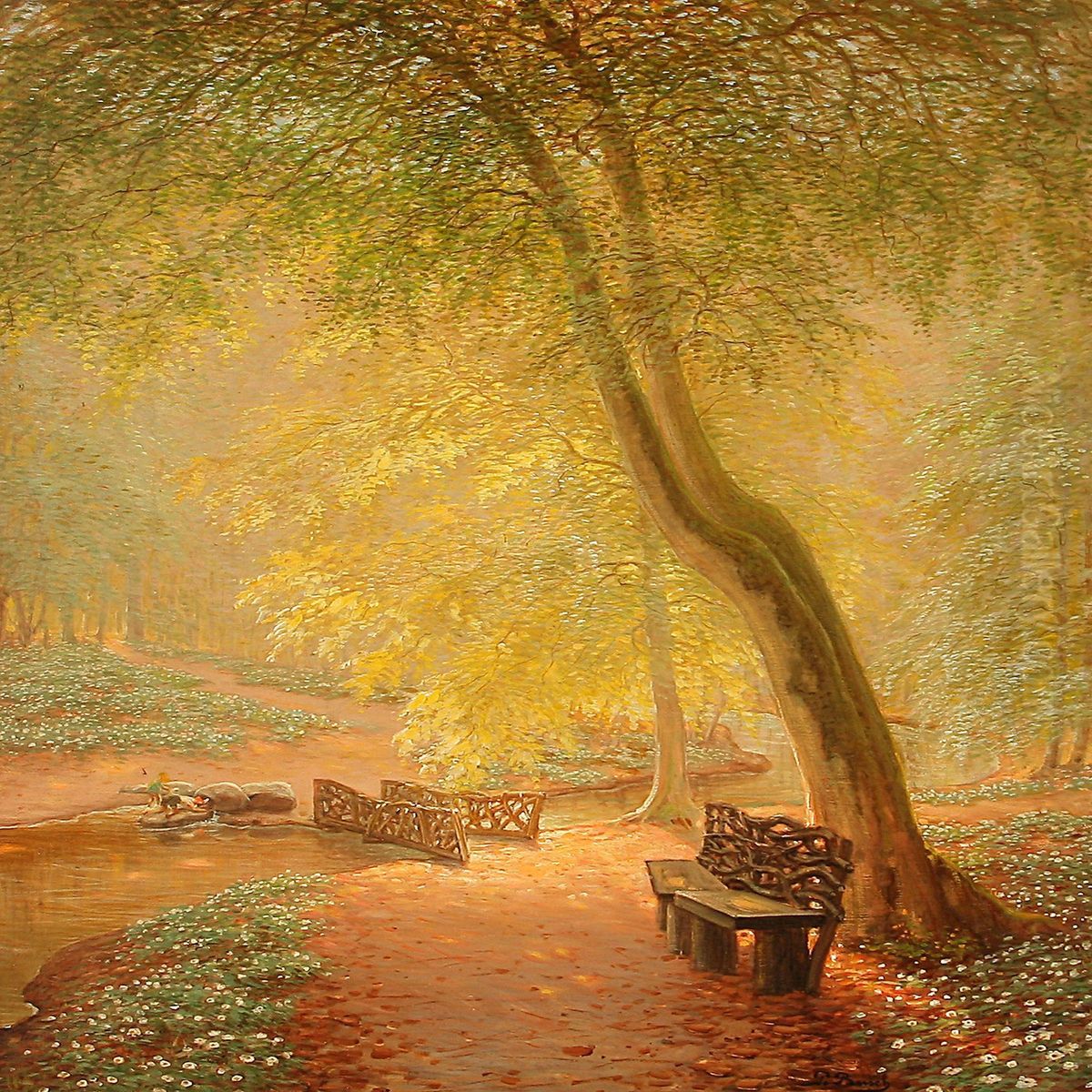 Spring Day In A Forest With Two Boys Playing At Astream Oil Painting by Peter Busch