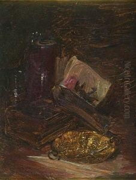 Stillleben Mit Buchern, Krug Und
 Aschenbecher. Oil Painting by Wilhelm Busch