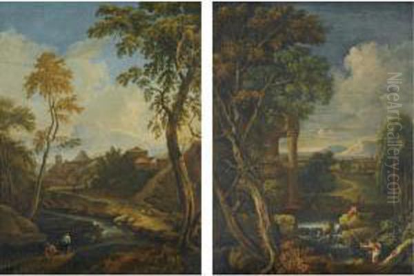 An Italianate Landscape With 
Fishermen In The Foreground Before Classical Ruins; An Italianate 
Landscape With Fishermen In The Foreground With A Town Beyond Oil Painting by Jan Frans Van Bloemen (Orizzonte)