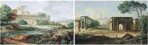 A Pair Of Roman Views: The Campo
 Vaccino With The Arch Of Septimius Severus And The Temple Of Saturn; A 
View Of The Abbey At Grottaferrata Oil Painting by Jan Frans Van Bloemen (Orizzonte)