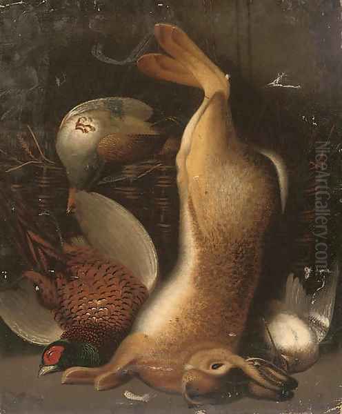 A hare, cock pheasant and woodcock, with a partridge in a basket Oil Painting by Benjamin Blake