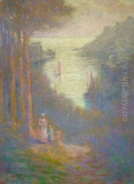 Mother And Small Child On A 
Cornish Coastal Path Atdusk, With Distant Boats In The Harbour Oil Painting by Herbert E. Butler