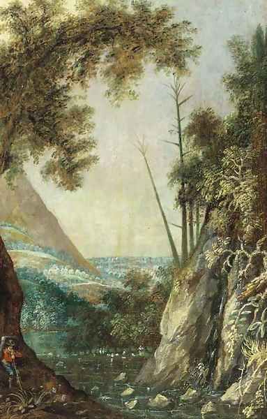A rocky landscape with a traveller by a waterfall Oil Painting by Paul Bril
