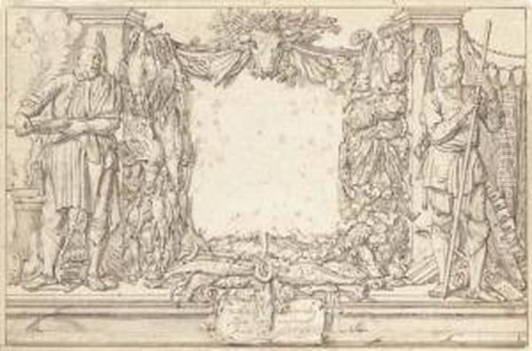 Study For A Frontispiece: A Cook
 And A Fisherman Flanking Trophiesof Poultry And Vegetables Oil Painting by Willem Buytewech