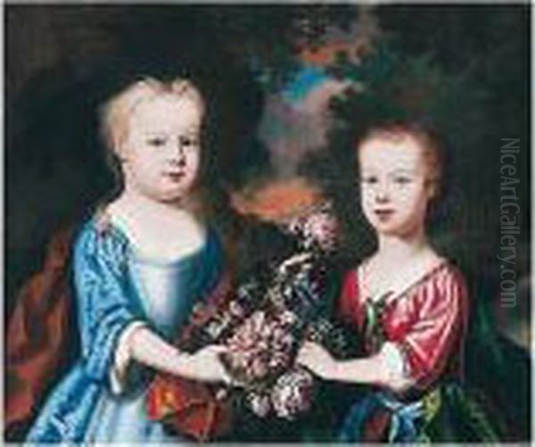 Portrait Of Two Children With Flowers In A Landscape Oil Painting by Robert Byng or Bing
