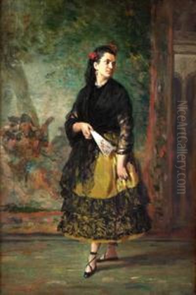 Joven Con Abanico Oil Painting by Manuel Cabral Cabral y Aguado Bejarano