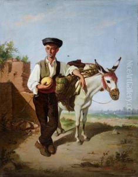 Vendedor De Frutas Oil Painting by Manuel Cabral Cabral y Aguado Bejarano