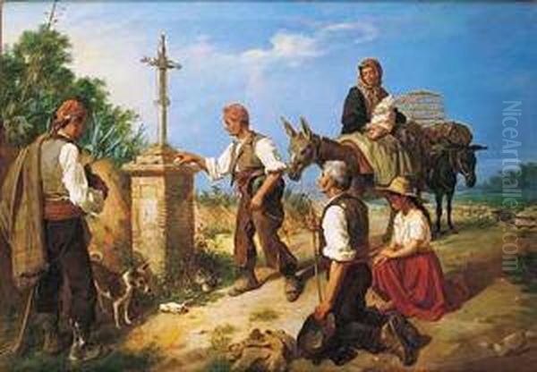 Campesinos Rezando En El Camino Oil Painting by Manuel Cabral Cabral y Aguado Bejarano