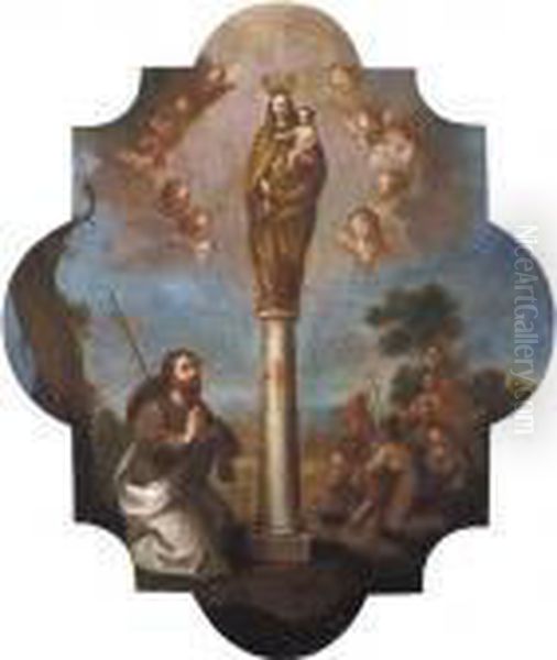Apostol Santiago Adorando A La 
Virgen Con El Nino En La Columna, Sobre Un Fondo De Paisaje Con Una 
Ciudad Y Un Grupo De Peregrinos Oil Painting by Miguel Cabrera