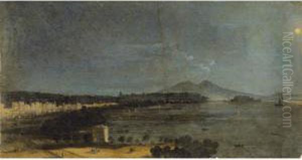 Vue De Naples La Nuit [ ; View 
Of Naples By Night ; Oil On Paper Signed Lower Right Caffi] Oil Painting by Ippolito Caffi