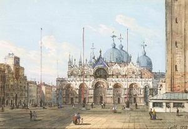 Venedig - Blick Uber Den
 Markusplatz Auf Den Markusdom. Oil Painting by Ippolito Caffi