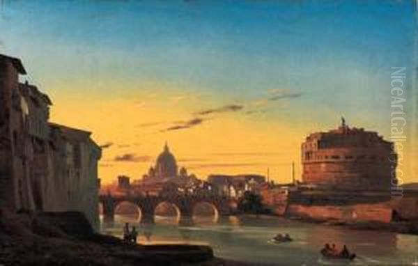 The Ponte Sant'angelo And The 
Castel Sant'angelo With The Dome Ofst. Peters In The Background Oil Painting by Ippolito Caffi