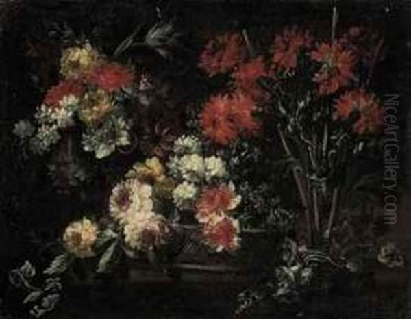 Roses, Chrysanthemums And Other 
Flowers In A Wicker Basket,carnations, Roses, Narcissi And Other Flowers
 On A Stoneledge Oil Painting by Margherita Caffi