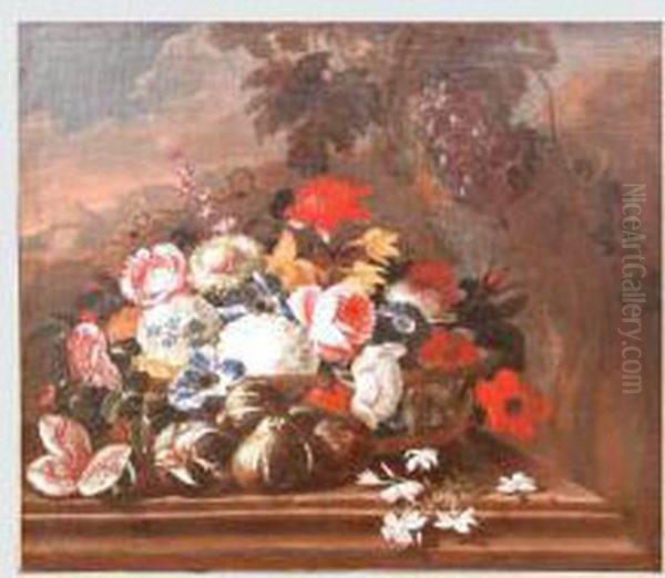 Cesto Con Rose,ortensie, 
Narcisi, Papaveri E Altri Fiori Con Fichi E Uva Su Untavolo In Plein Air Oil Painting by Margherita Caffi