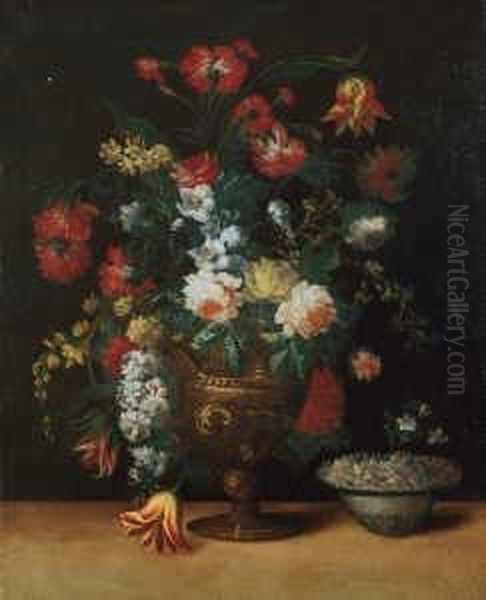 Blumenstilleben. Neben Einer 
Vase Mit Blumen Eine Schale Mit Blutenblattern. Ol Auf Leinwand 
(doubliert). H 91,5; B 74 Cm. Gutachten (in Photokopie) S. Segal (