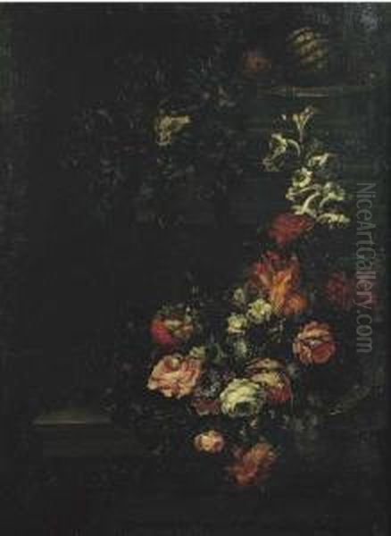 Ghirlande Di Fiori E Due Angurie
 In Un Piatto D'argento Su Unbasamento Di Colonna; E Ghirlanda Di Fiori 
Su Un Basamento Dicolonna Oil Painting by Margherita Caffi