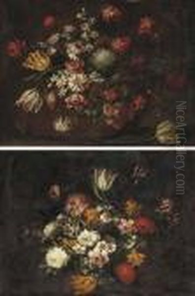 Tulips, Carnations, Narcissi And
 Other Flowers In A Vase; Andtulips, Roses, Daffodils And Other Flowers 
In A Vase Oil Painting by Margherita Caffi