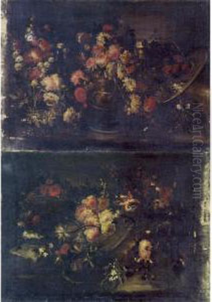 A Still Life Of Flowers In A 
Basket And A Still Life Of Flowers In A Bronze Urn: A Pair Of Paintings Oil Painting by Margherita Caffi