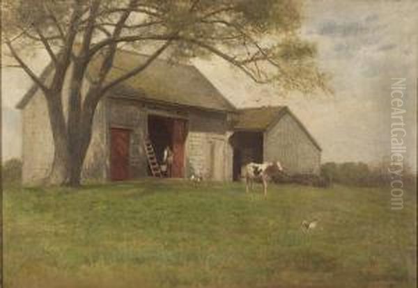 A Man With Pailwalking Into A Barn In Front Of A Farm Yard. Oil Painting by Charles Drew Cahoon