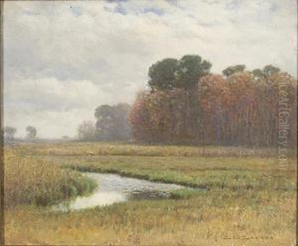 Harwich Marshes Withstream In Foreground And Distand Trees. Oil Painting by Charles Drew Cahoon