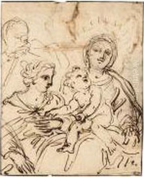 Verso: Madonna And Child With 
Saint Lucy And Another Figure Recto: Partial Studies Of A Madonna And 
Child And A Male Torso Oil Painting by Giacinto Calandrucci