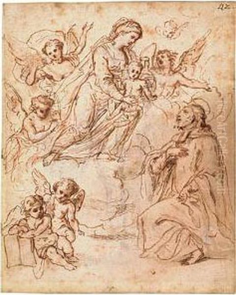 The Virgin And Child Accompanied
 By Angels Appearing To A Kneeling Jesuit Saint.<<br> Oil Painting by Giacinto Calandrucci