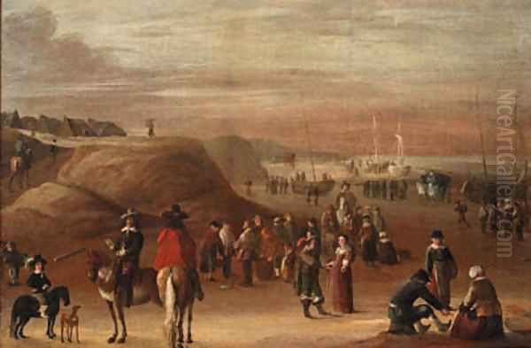 A coastal landscape with peasants and elegant figures on the shore, beached fishing boats beyond Oil Painting by Cornelis Beelt