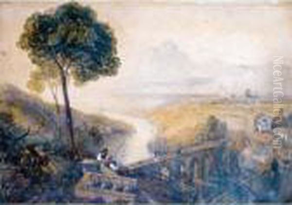 Two Designs For The Back Drop At
 Sunderland Theatre - Figures On A Hillside Above A Bridge, Mountains 
Beyond; Figures By A River, Mountains Beyond Oil Painting by William James Callcott