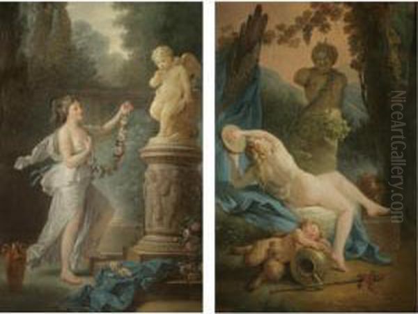 A Bacchante Playing The 
Tambourine Before A Statue Of Pan, A Drunk Young Satyr Asleep In The 
Foreground; A Young Lady Offering A Garland Of Flowers To A Statue Of 
Cupid Oil Painting by Antoine-Francois Callet