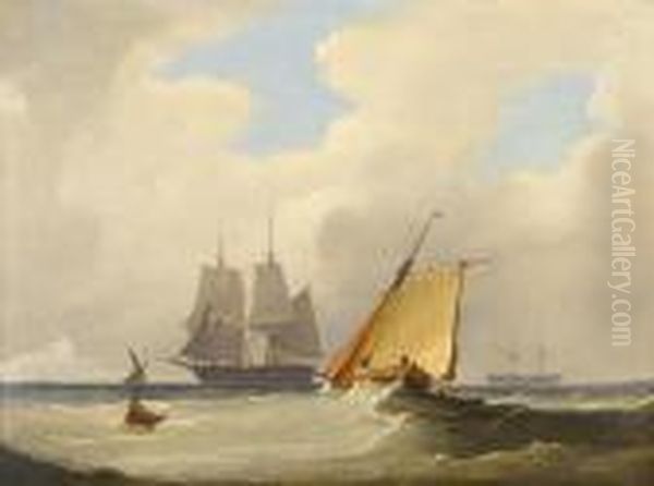 A Brig Hove-to Off St. 
Catherine's Point, Isleof Wight, With A Cutter Caught In A Swell Nearby Oil Painting by Frederick Calvert