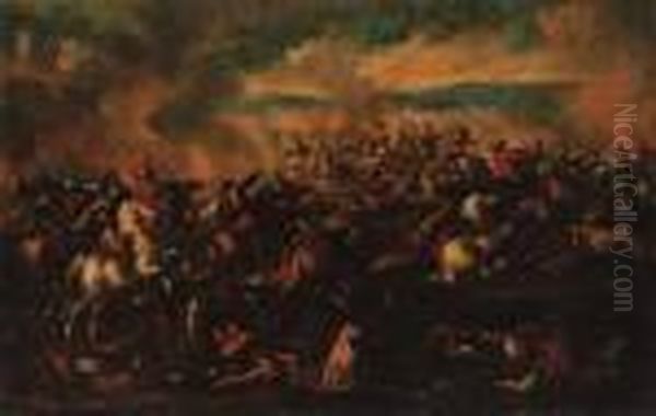 A Cavalry Engagement Oil Painting by Antonio Calza