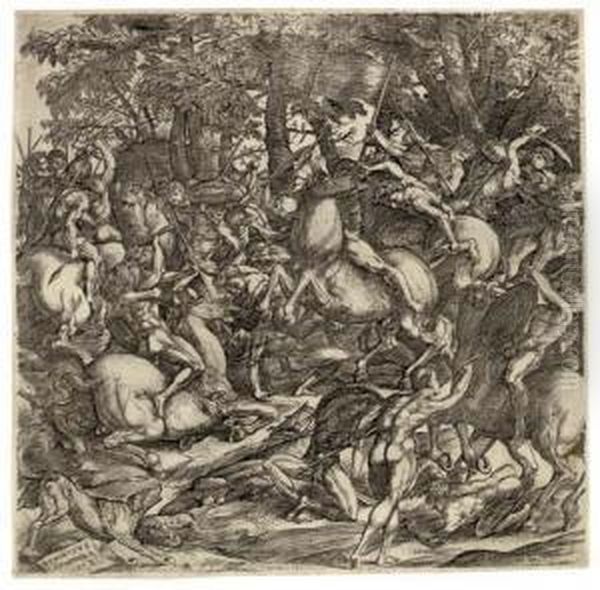 Battle Of The Nude Men Oil Painting by Domenico Campagnola