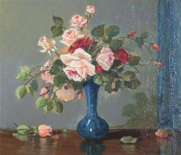 Still Life With Pink And Red Roses Oil Painting by Thomas, of Pall Mall Butler