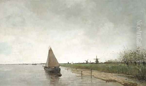 A river landscape with vessels, a city beyond Oil Painting by Theophile Emile Achille De Bock