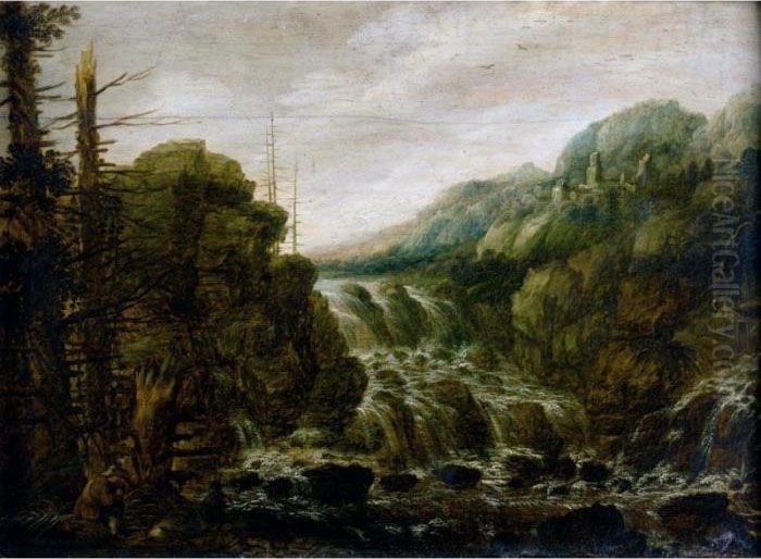 A Mountainous Wooded Landscape 
With A Man Resting Beside A Cascade, A Hill Top Town In The Distance Oil Painting by Joachim Govertsz. Camphuysen