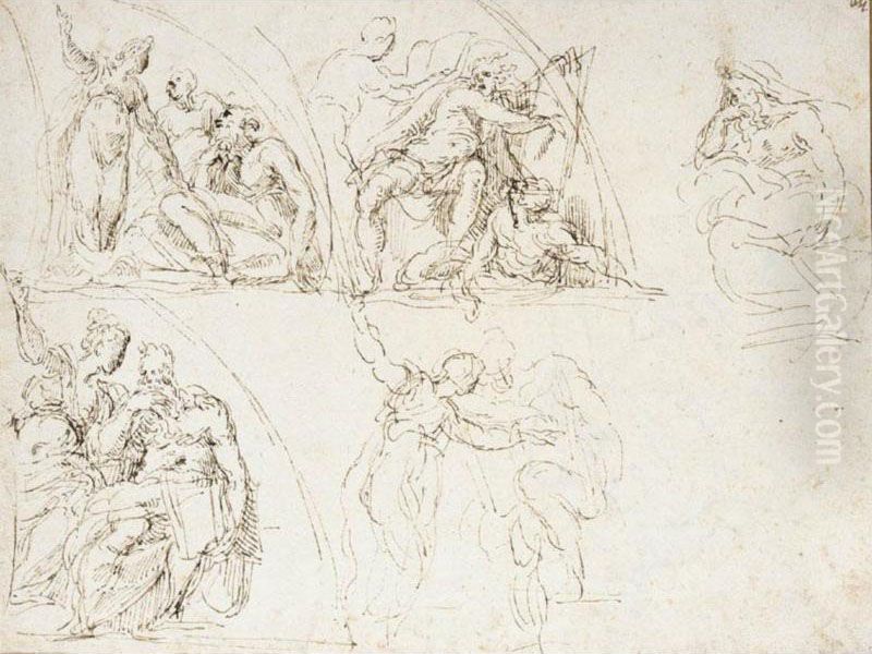 Recto: Four Studies For A 
Demi-lunette With A Sibyl And Prophet, And A Separate Study Of A Prophet
 Verso: Study Of A Seated Male Nude And Standing Nude Figure Oil Painting by Antonio Campi