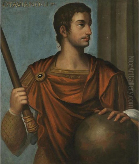 Portrait Of The Emperor 
Augustus, Half Length, Holding A Baton And Resting His Hand On A Globe Oil Painting by Bernardino Campi