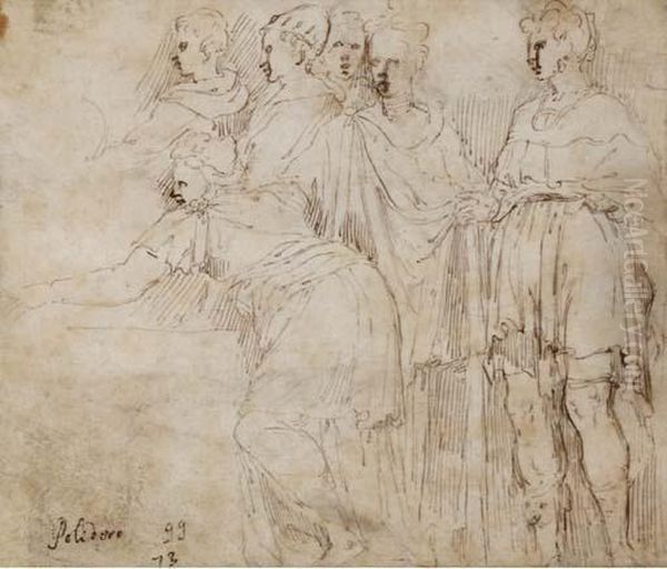 Six Standing Figures In Drapery 
Turned To The Left (recto); A Standing Female In Drapery Turned To The 
Right (verso) Oil Painting by Giulio Campi