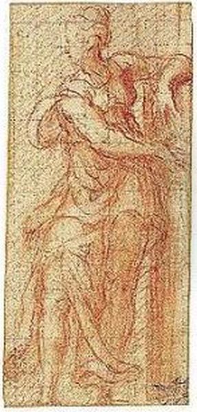 A Standing Female Figure, One Arm Resting On A Column (fortitude) Oil Painting by Giulio Campi