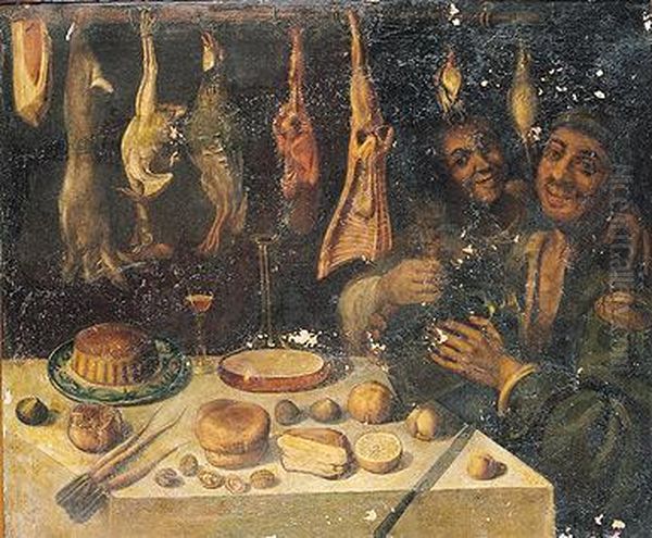 Bodegon De Cocina Con Carne Y Aves Colgando; A La Derecha Dos
 Figuras Oil Painting by Vincenzo Campi