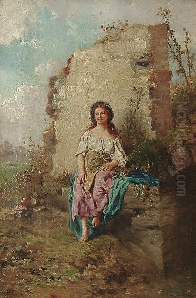 Portrait Of Young Woman In A 
Country Landscape With Flowers On Her Lap, A Ruined Wall Beyond Oil Painting by Henry Campotosto