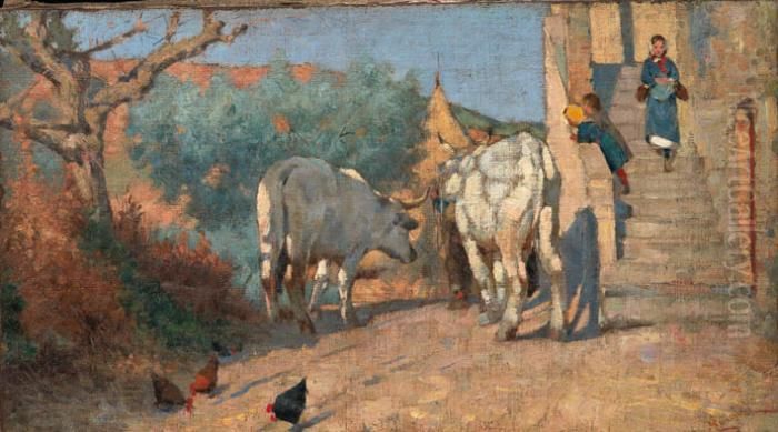 Buoi Con Contadino E Contadinelle Oil Painting by Nicolo Cannicci
