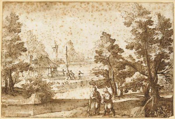 Un Paysage Fluvial Avec Des 
Habitations, Des Pecheurs Tirant Un Filet, Deux Hommes Au Premier Plan Oil Painting by Remigio Cantagallina